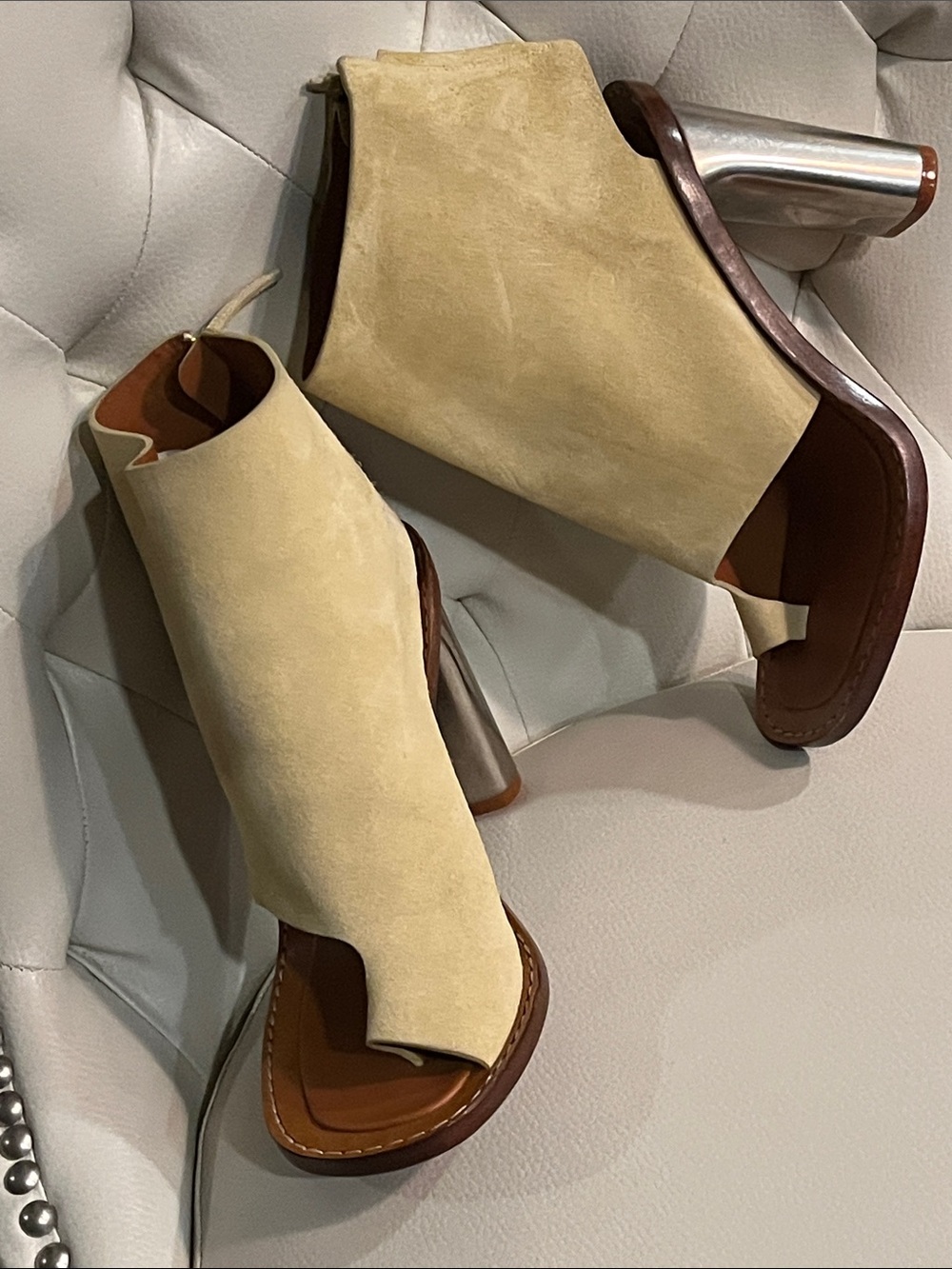 Celine Bam Beige Suede Open-Toe Bootie Silver Metallic Heel Luxury EU 38 8